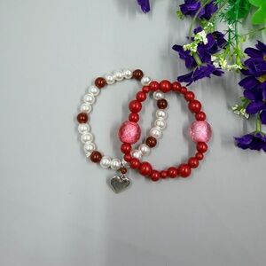 Lot of 2 Vintage Y2K Red and White Stretchy Beaded Bracelets